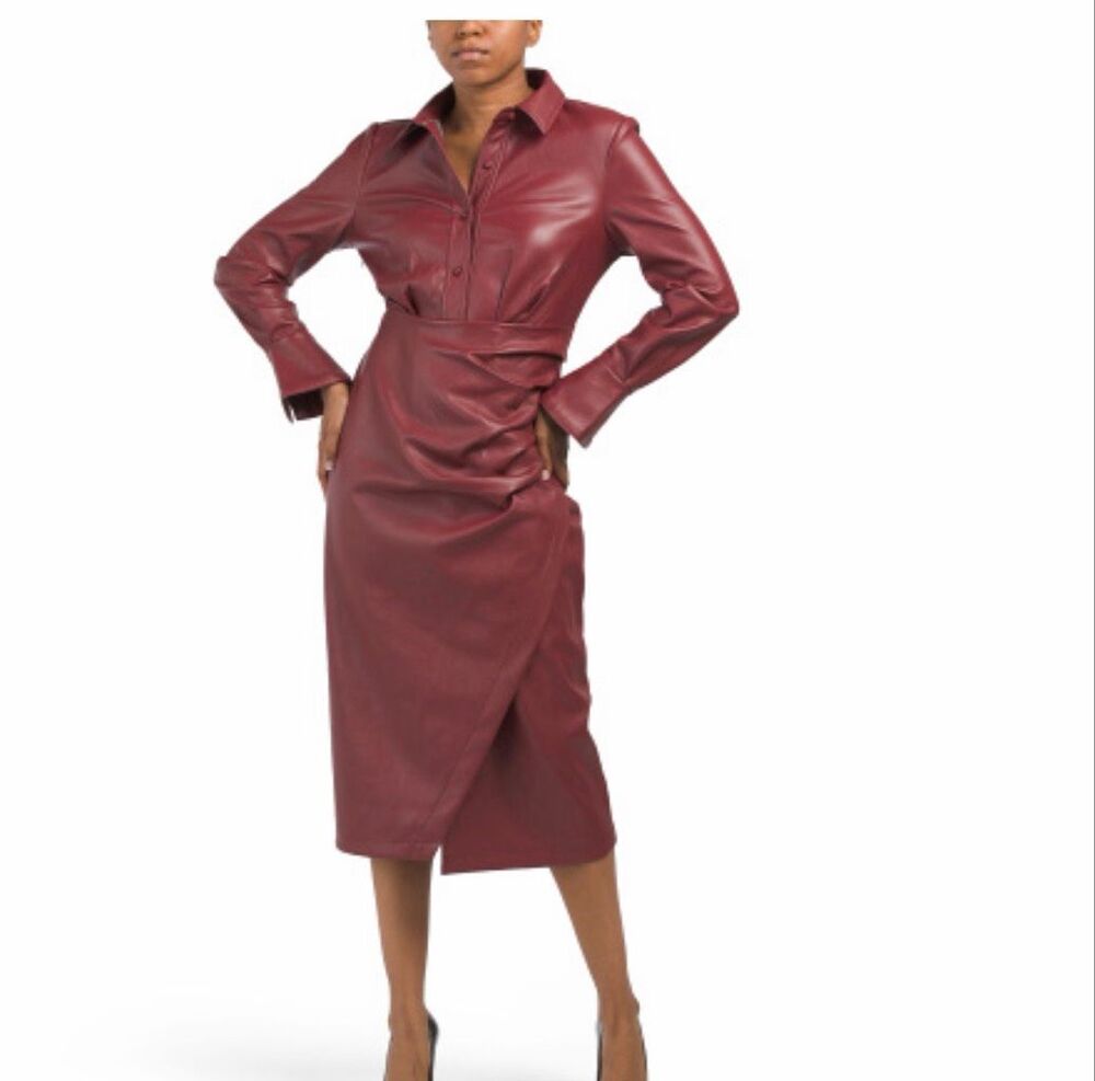 7 For All Mankind Faux Leather Midi Dress size S Burgundy Ruched Priyanka Chopra